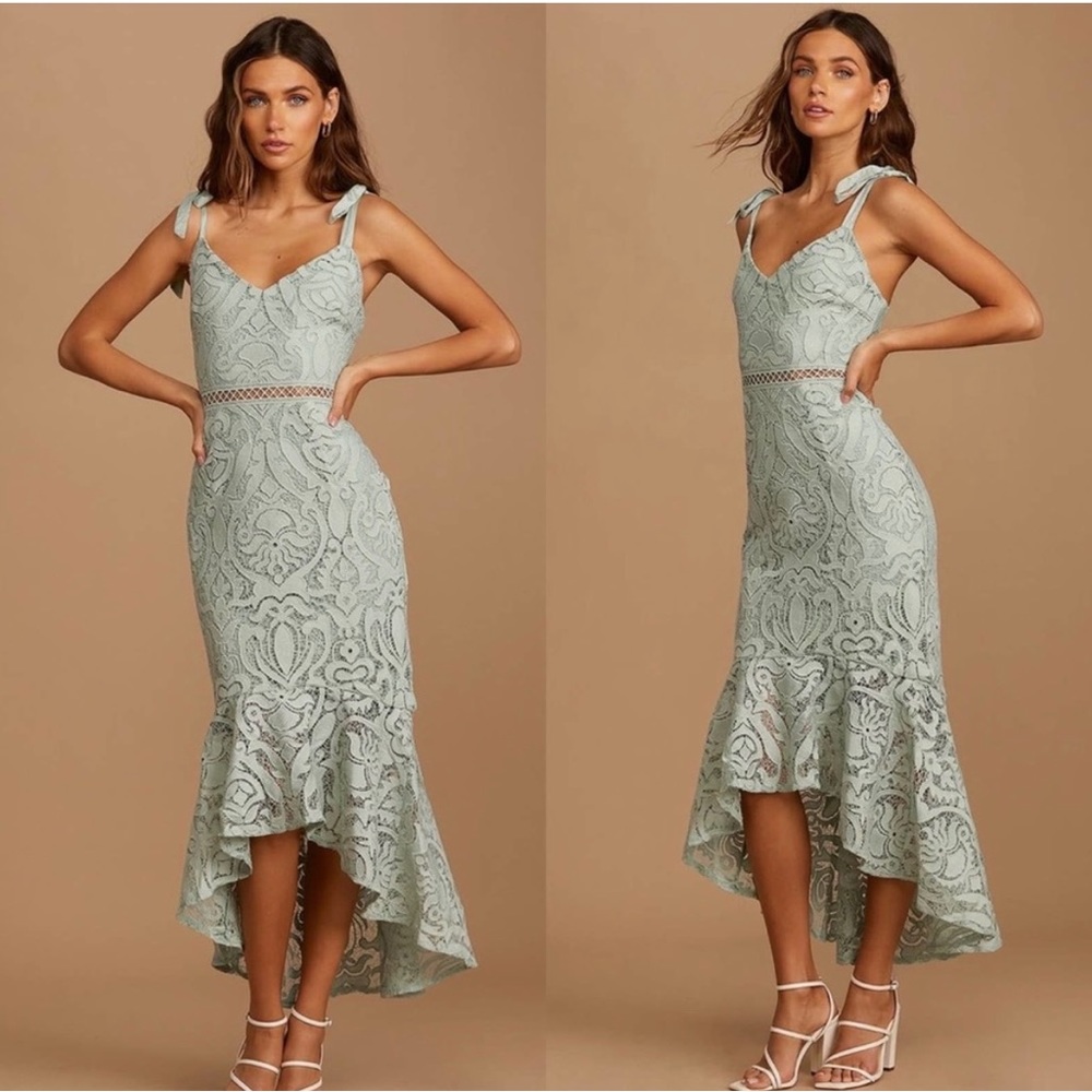 Lulu’s | Sage Green Lace Tie-Strap High-Low Midi Dress